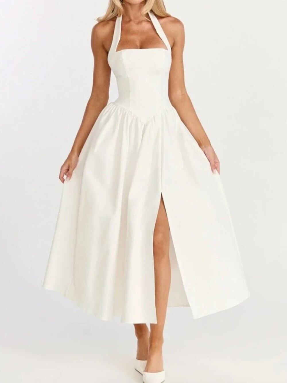 Showpo White Halter Drop Waist Fit Flare Midi Dress Bridal Wedding Guest Size 10
